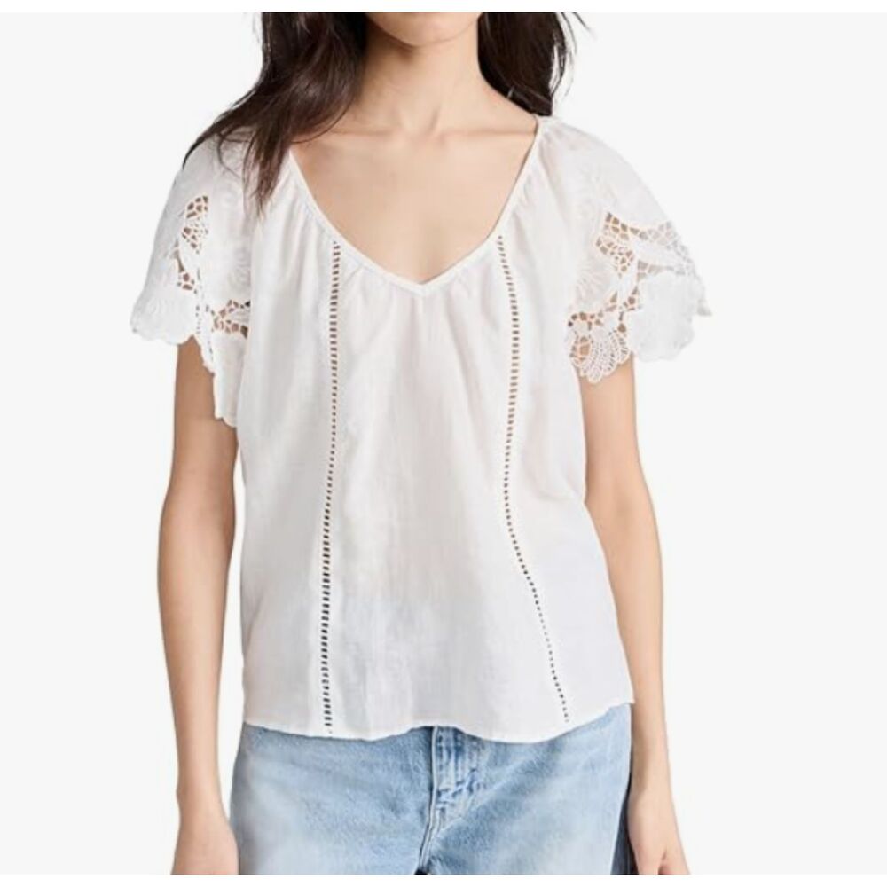 Ramy Brook Women's Hillary White Linen Blend Lace V-Neck Blouse Large NWT